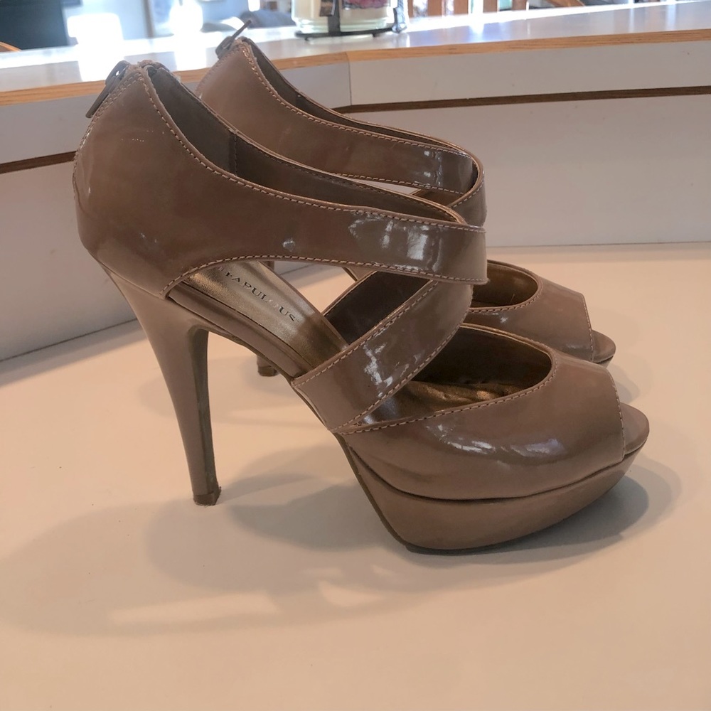 Nude patent high heeled platform sandal. 4” heels and barely worn!